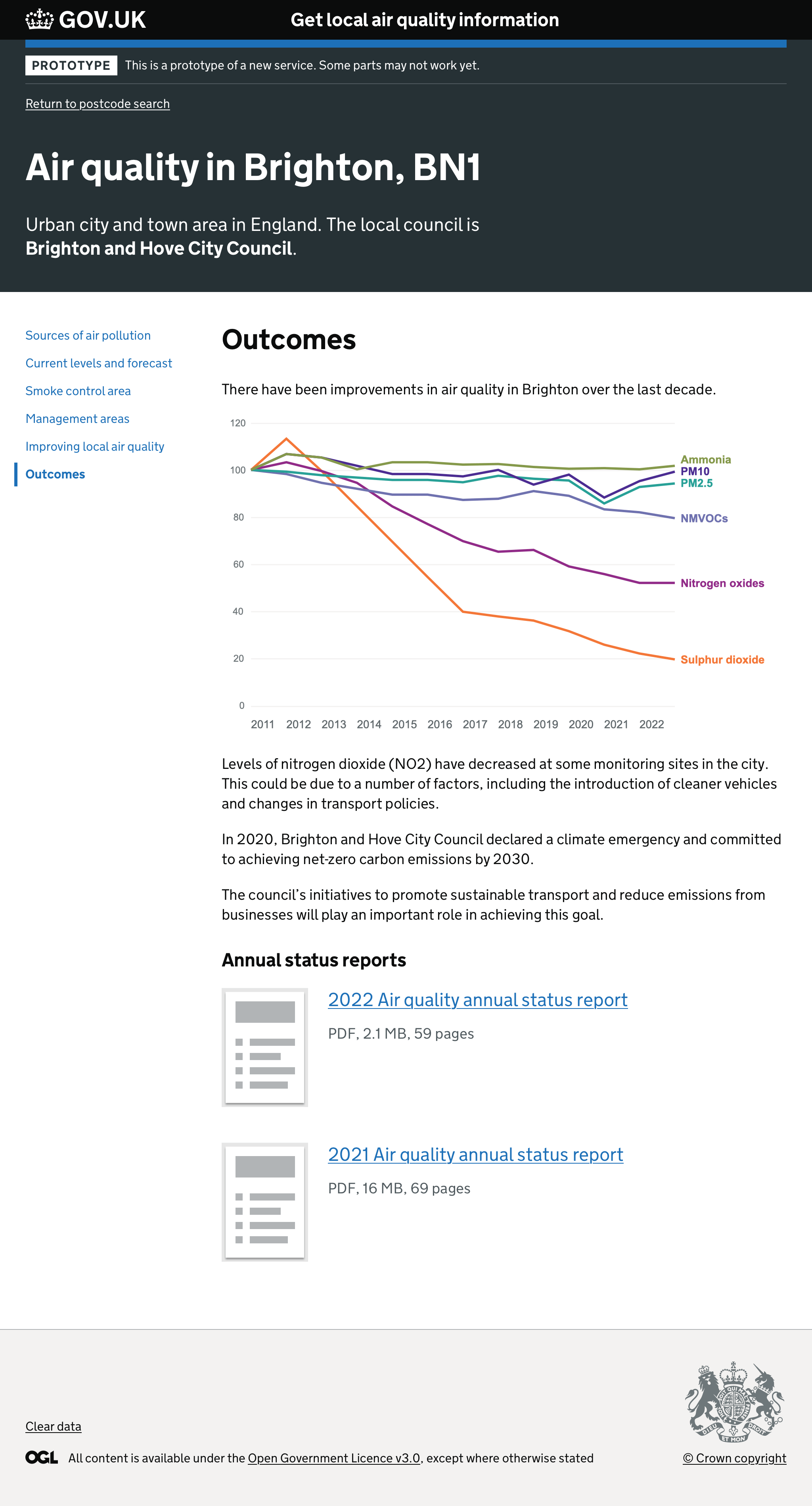 Page detailing the outcomes due to local air quality improvement