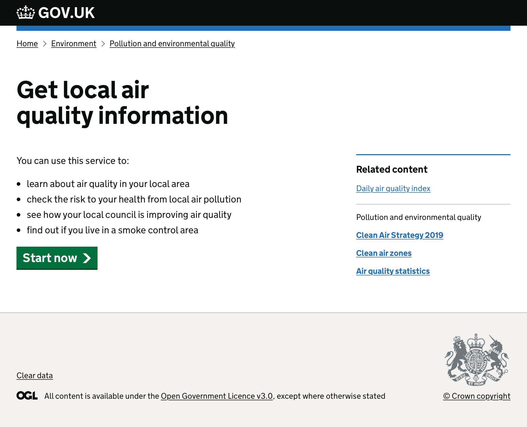 Start page on GOV.UK for ‘Get local air quality information’