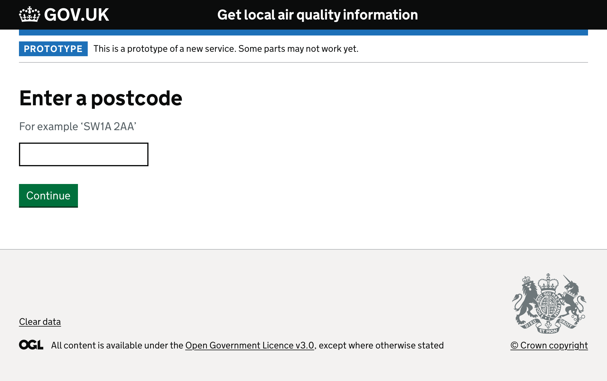 Page asking the user to enter a postcode