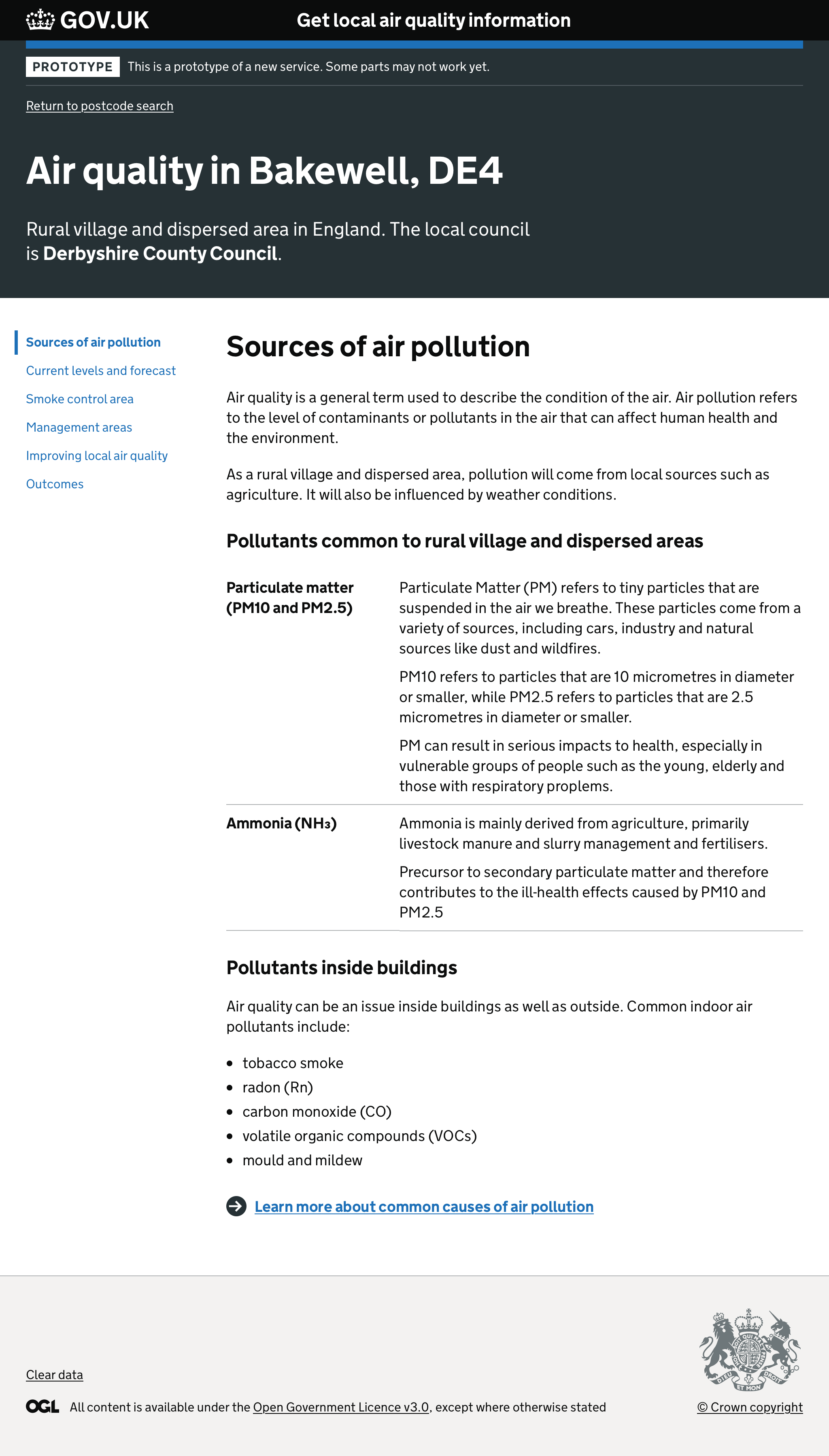 Page showing the sources of air pollution shown for a rural area