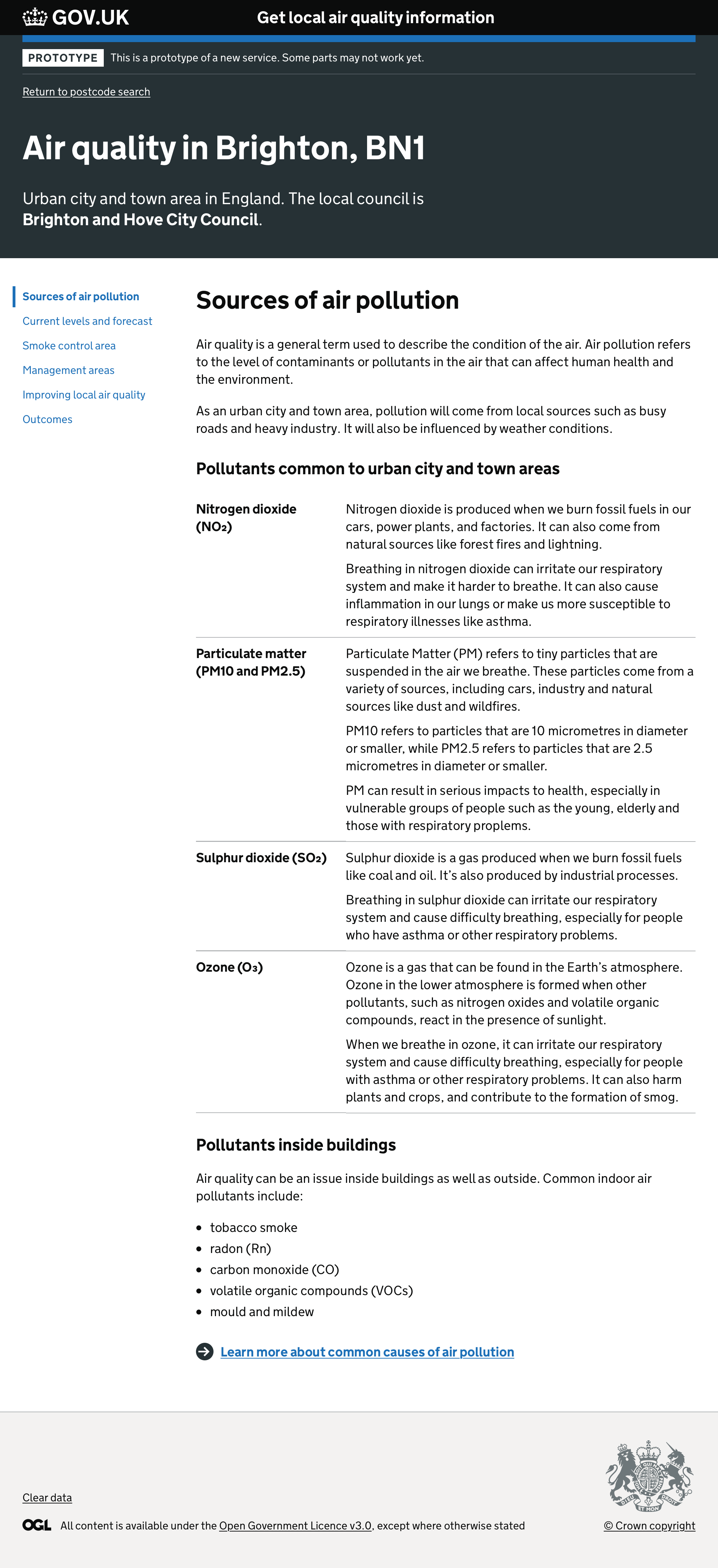 Page showing the sources of air pollution shown for an urban area