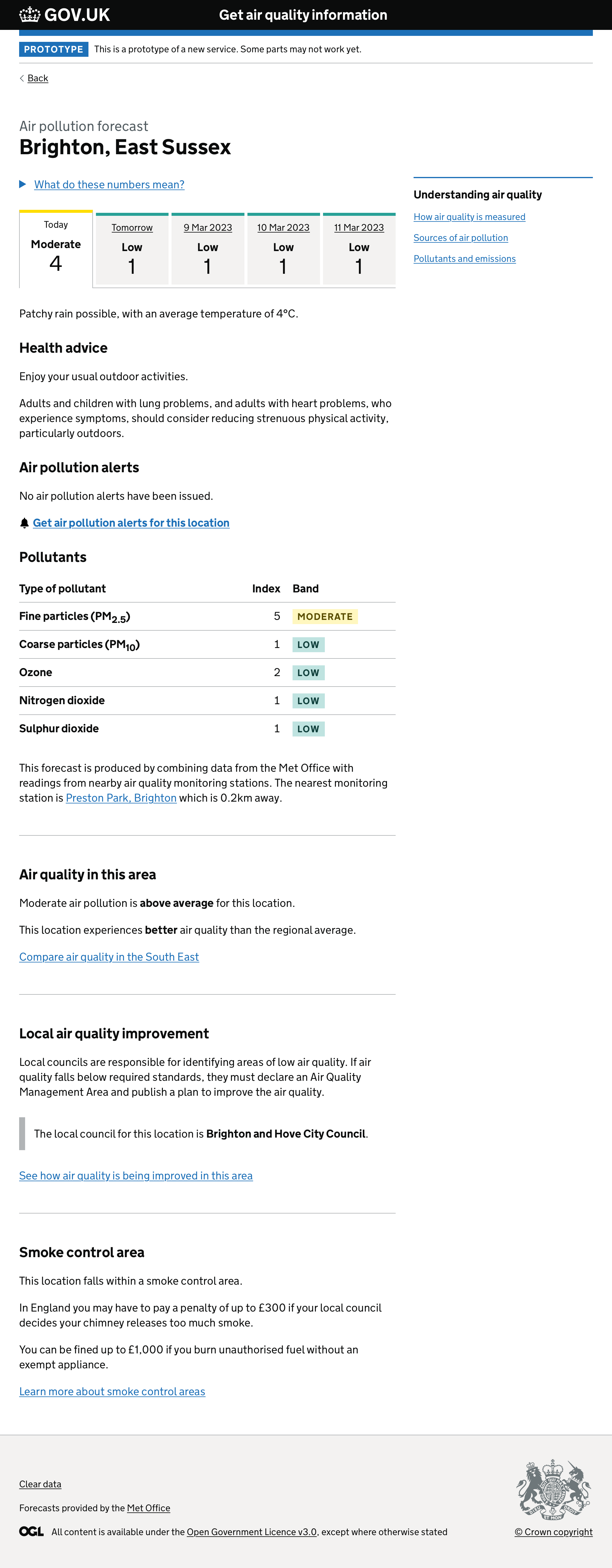 Screenshot of air quality forecast page, showing moderate levels of air pollution in Brighton, East Sussex.