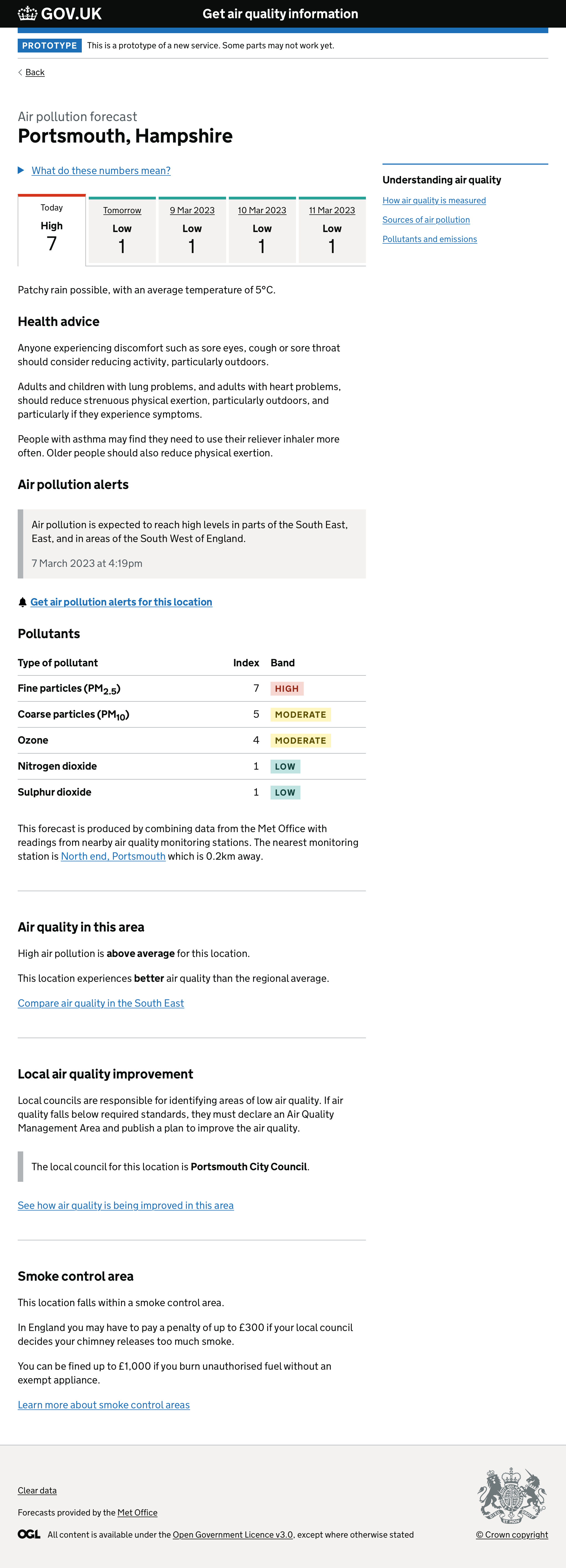 Screenshot of air quality forecast page, showing high levels of air pollution in Portsmouth, Hampshire.