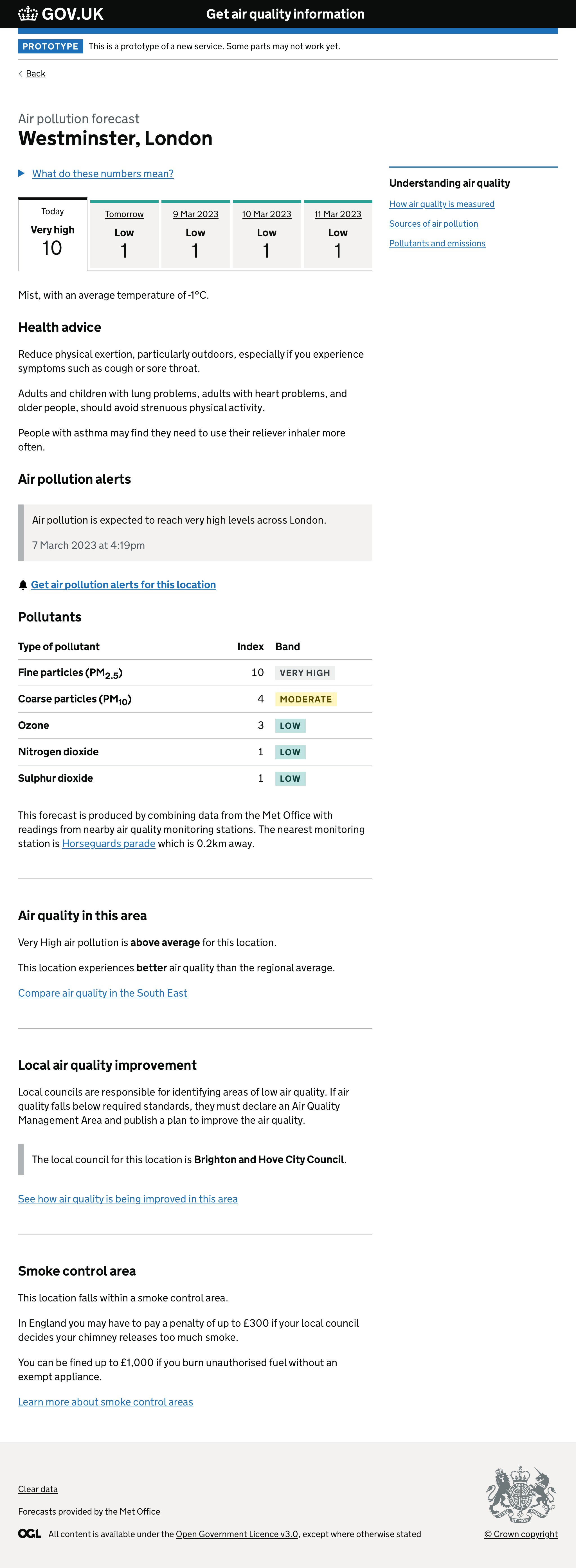 Screenshot of air quality forecast page, showing very high levels of air pollution in Westminster, London.