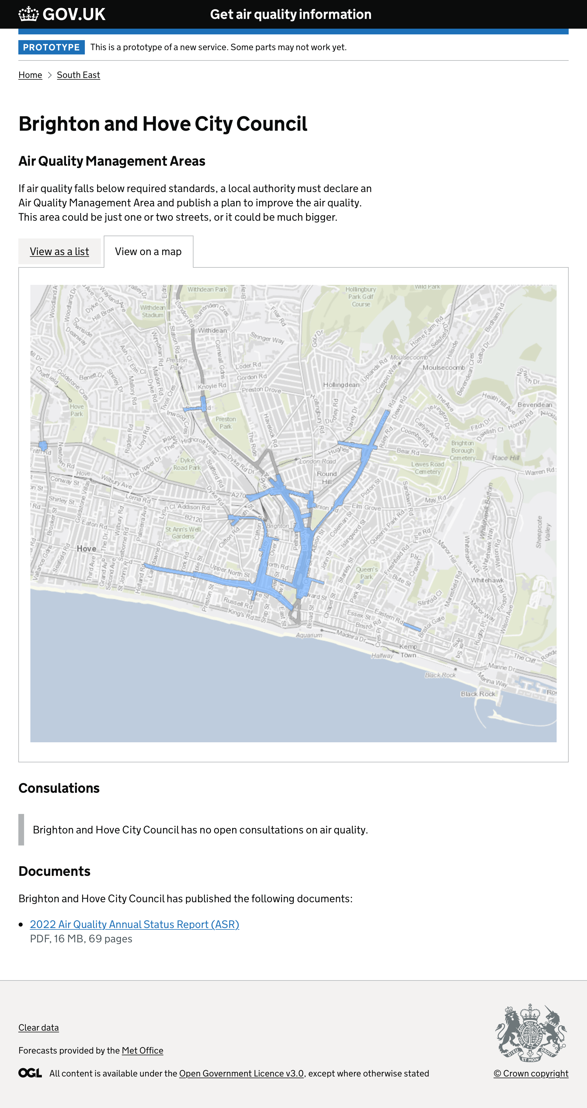 Screenshot of page with map showing AQMAs in Brighton and Hove.