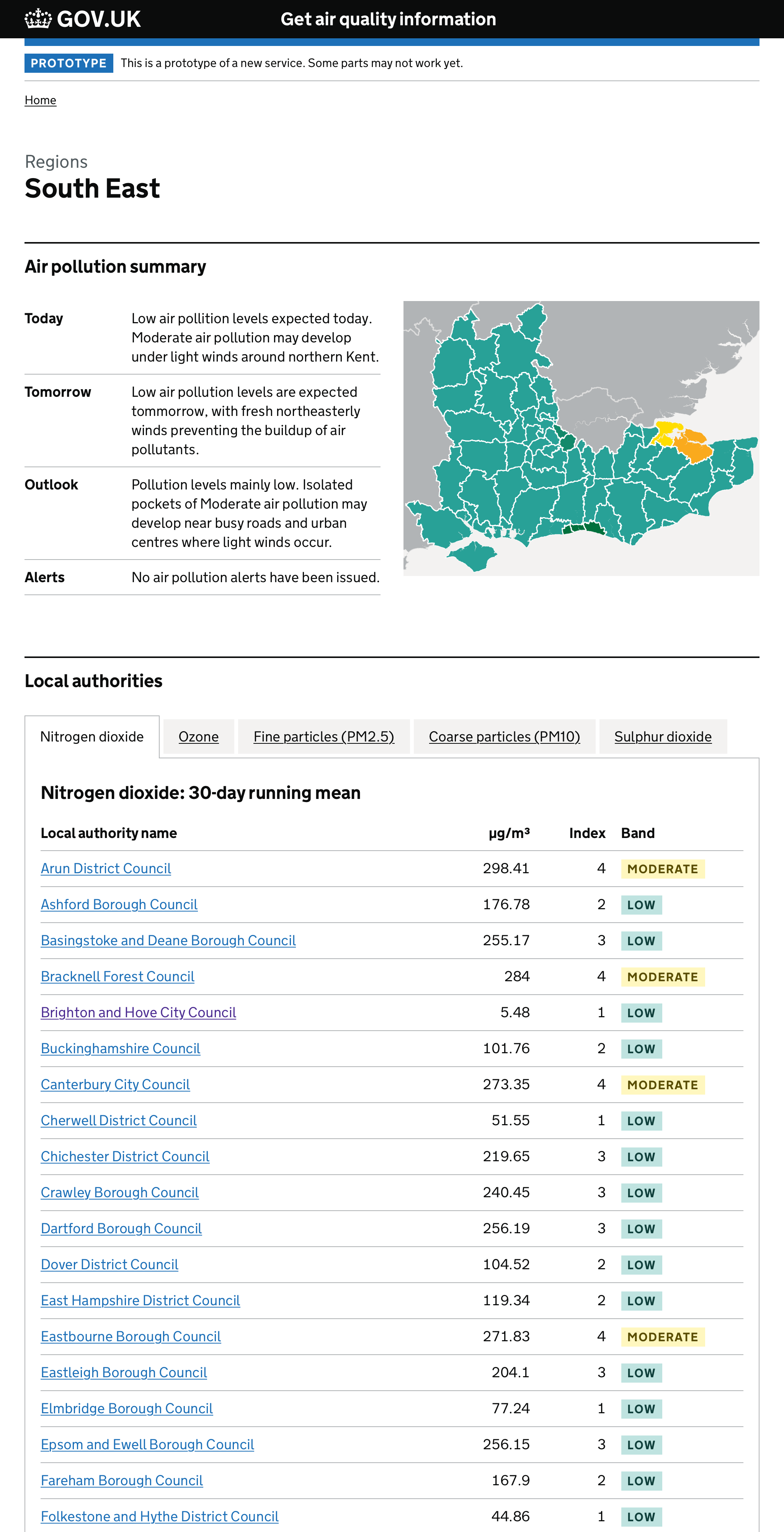 Screenshot of a page showing air quality measurements in the South East.