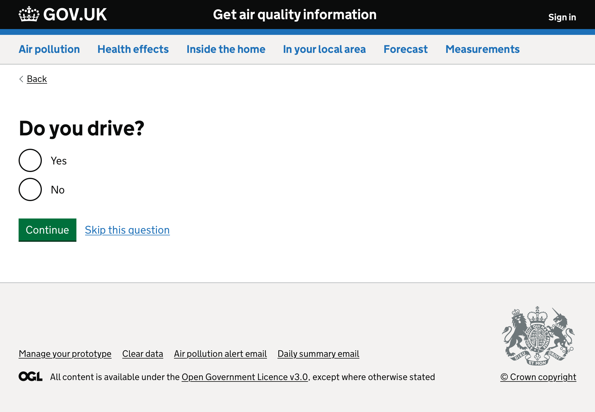 Screenshot of form asking if the user drives