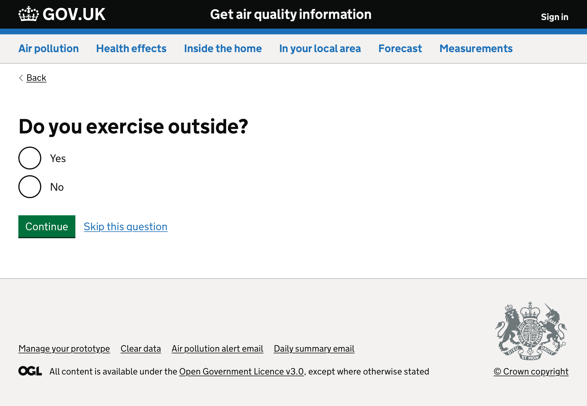 Screenshot of form asking if the user exercises outside