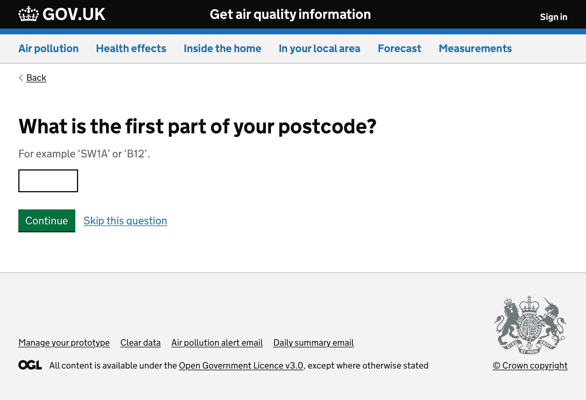 Screenshot of form asking user for their postcode