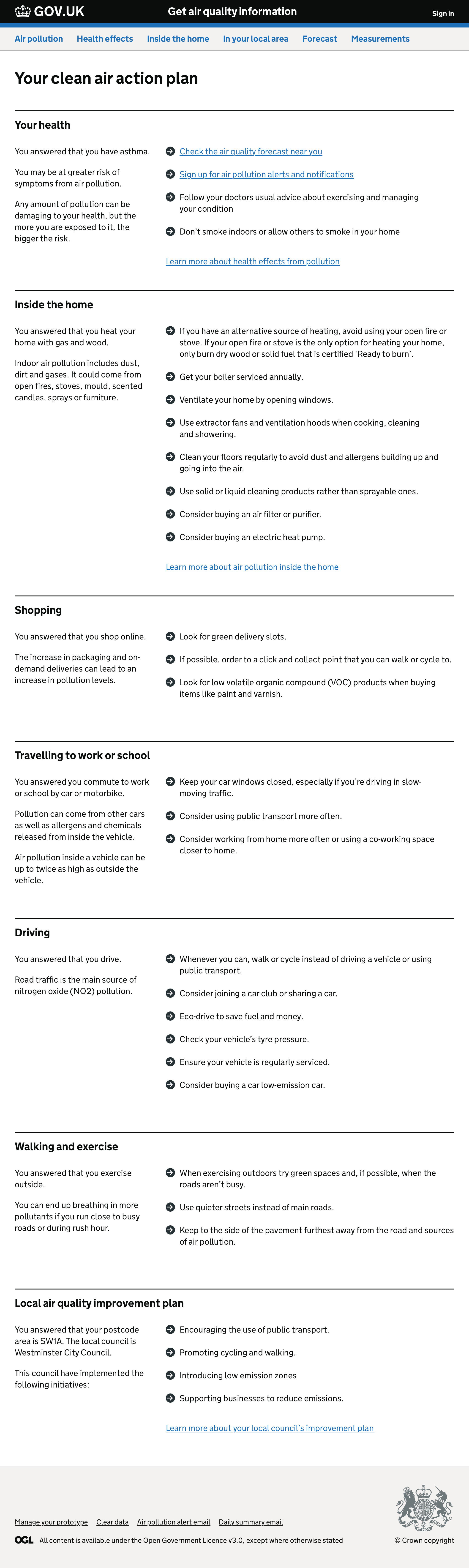 Screenshot of clean air action plan