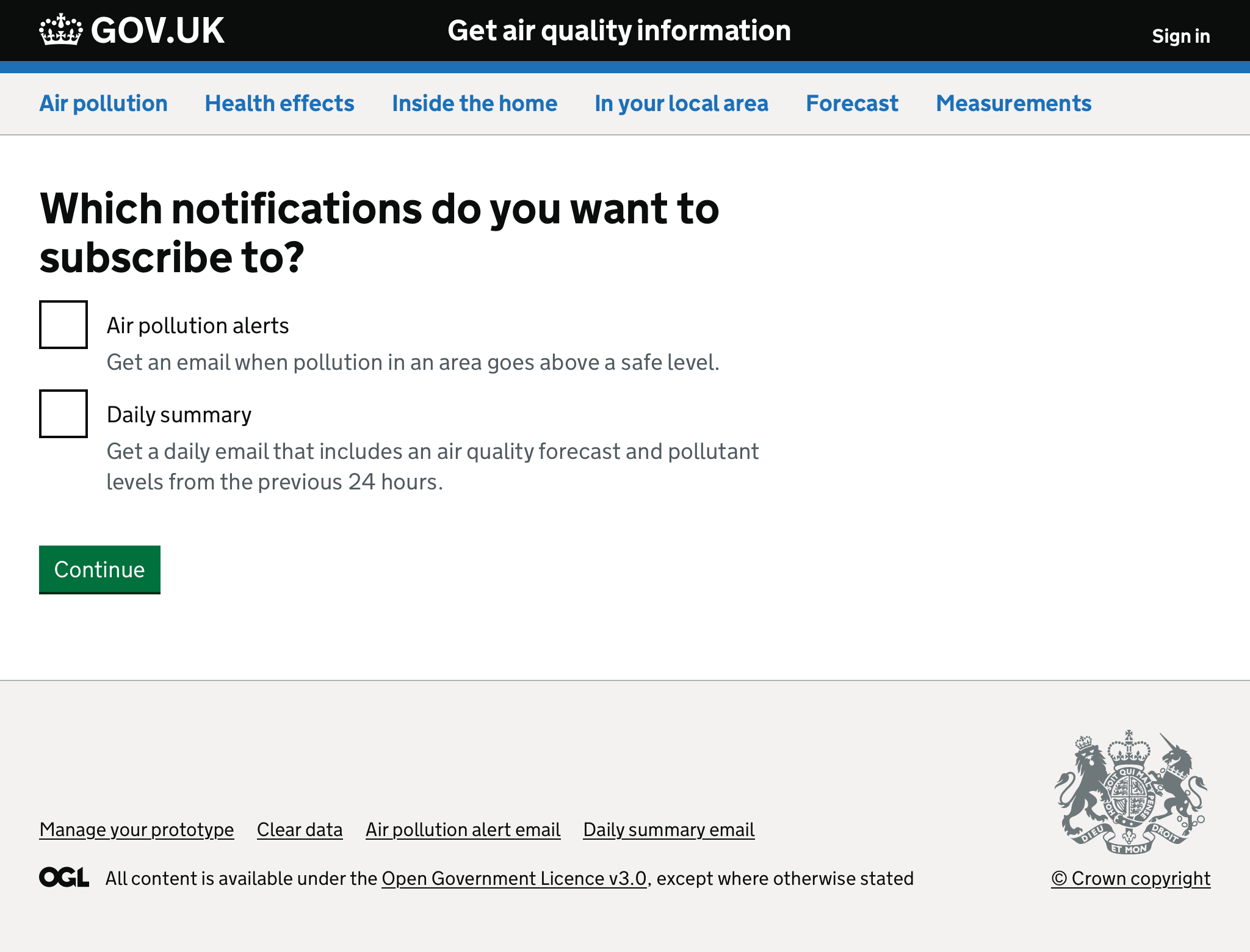 Screenshot of form asking which notifications the user wants to subscribe to