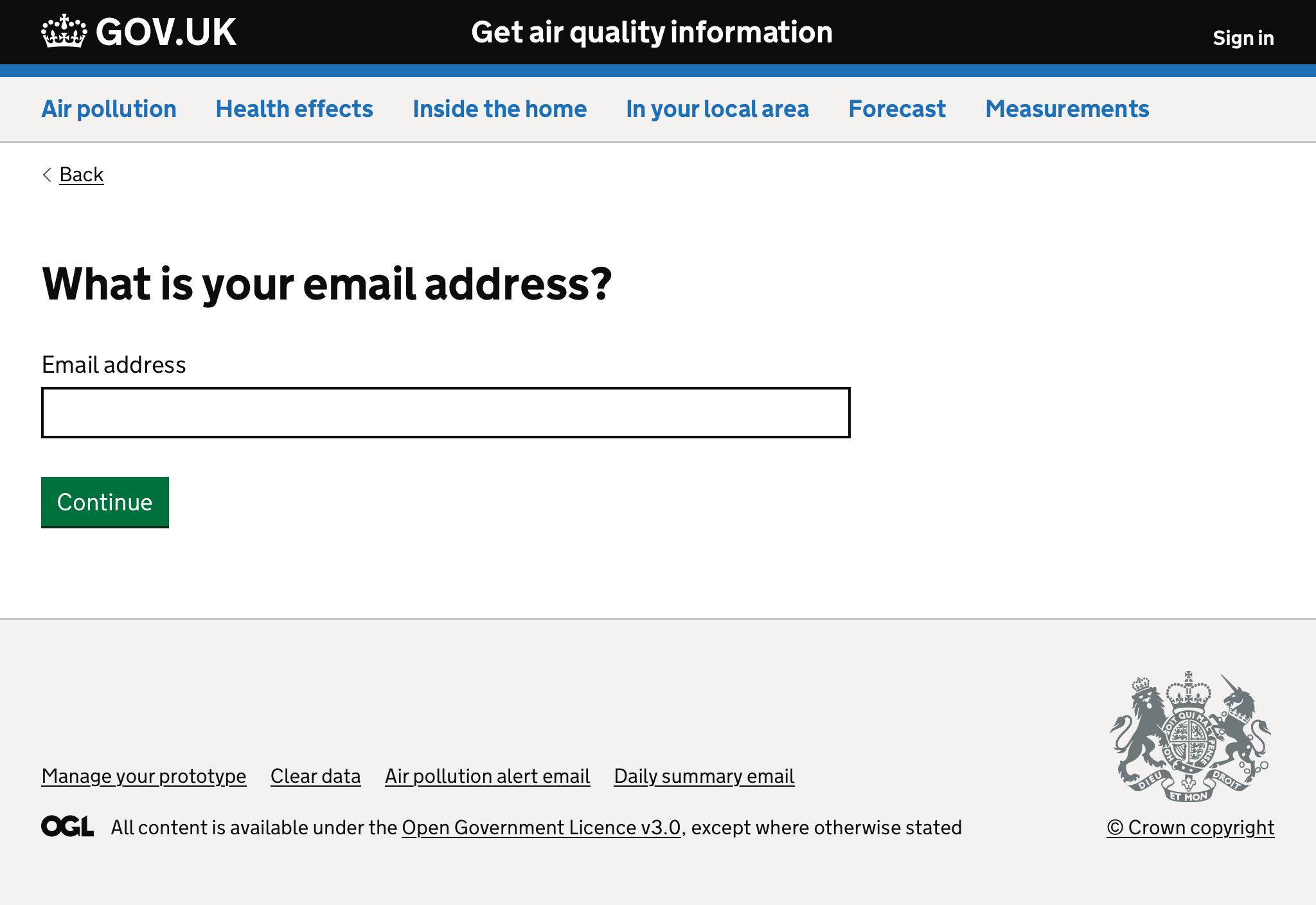 Screenshot of page asking for user’s email address