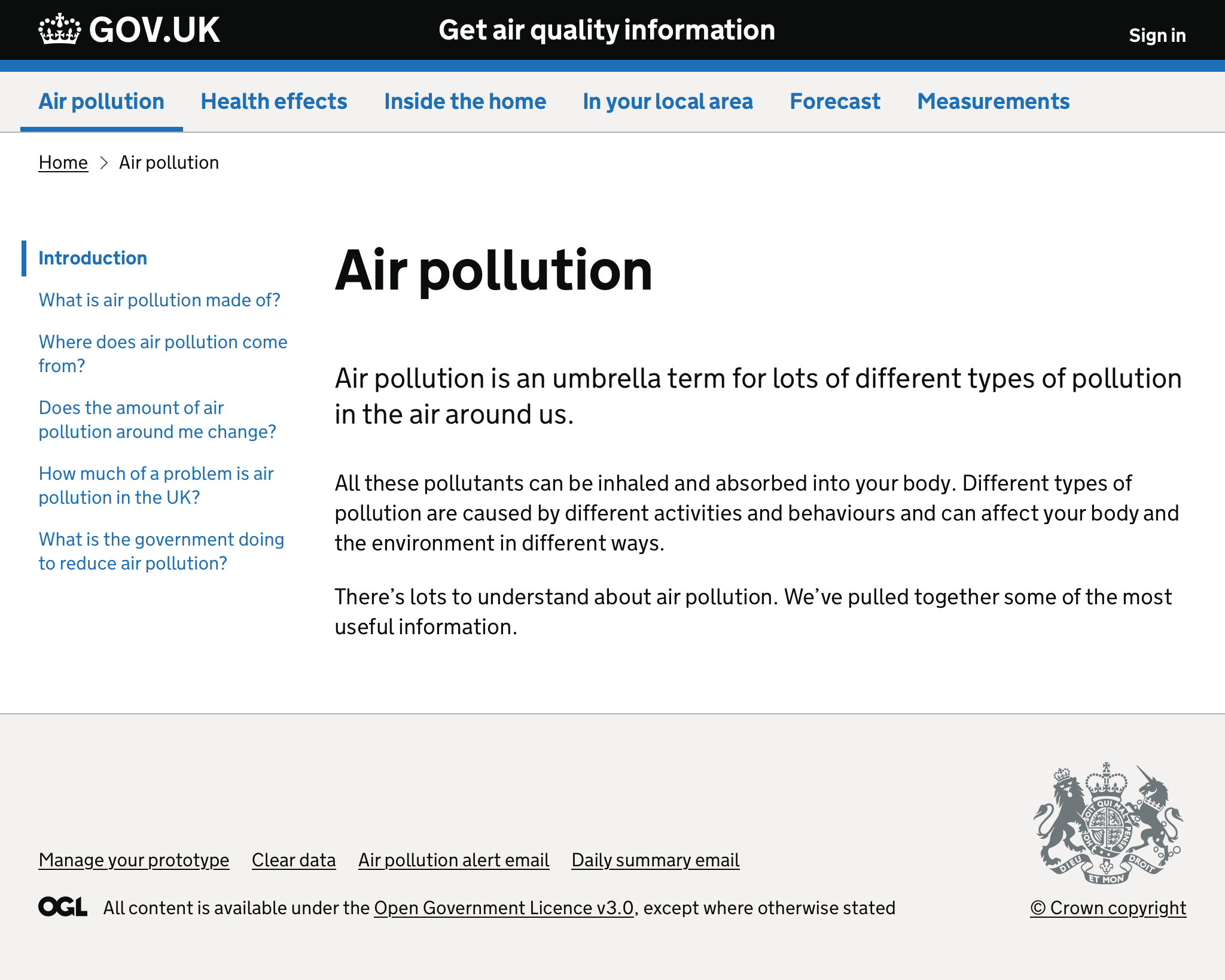 Screenshot of air pollution landing page