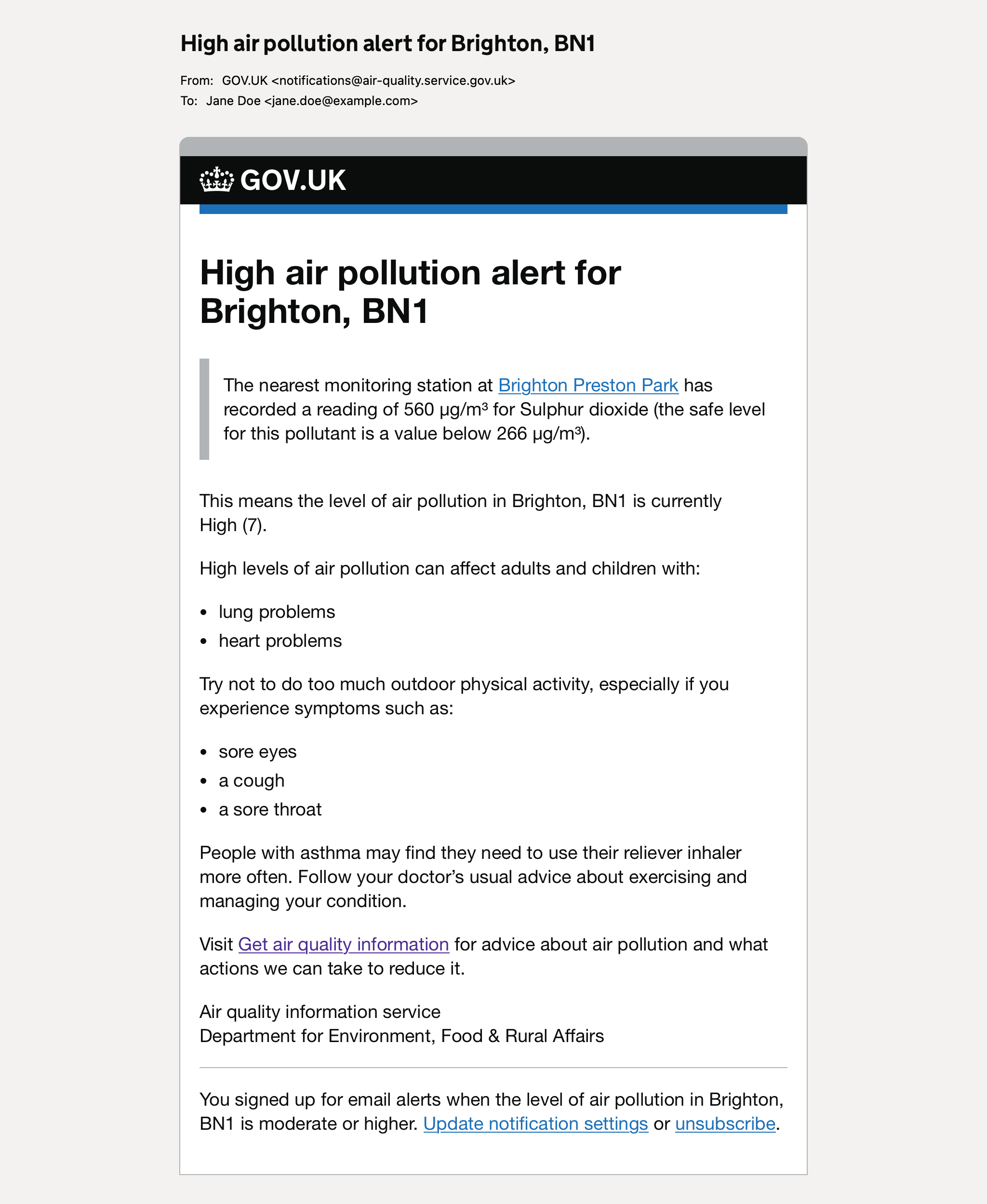 Screenshot of a mock email for an air pollution alert