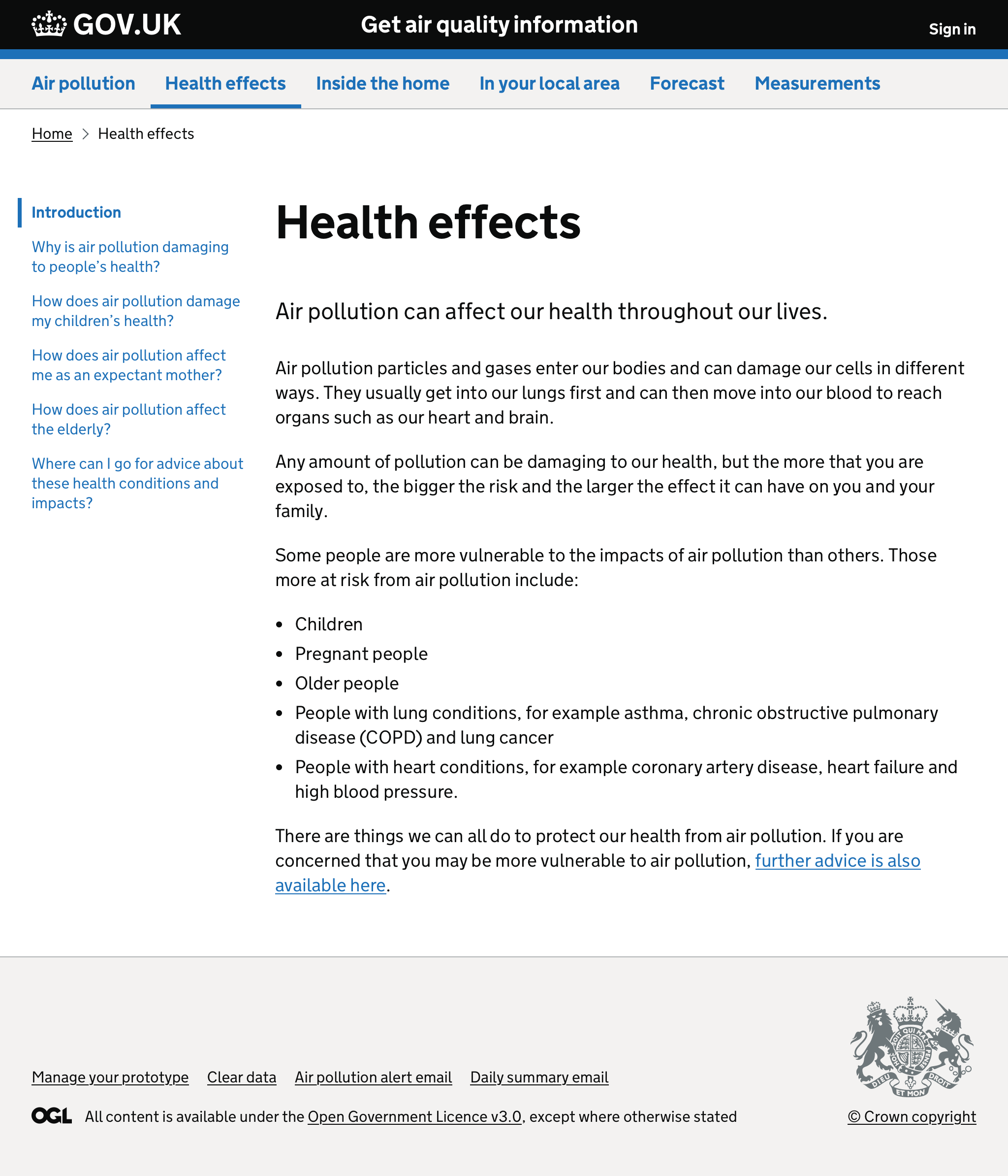 Screenshot of health effects landing page