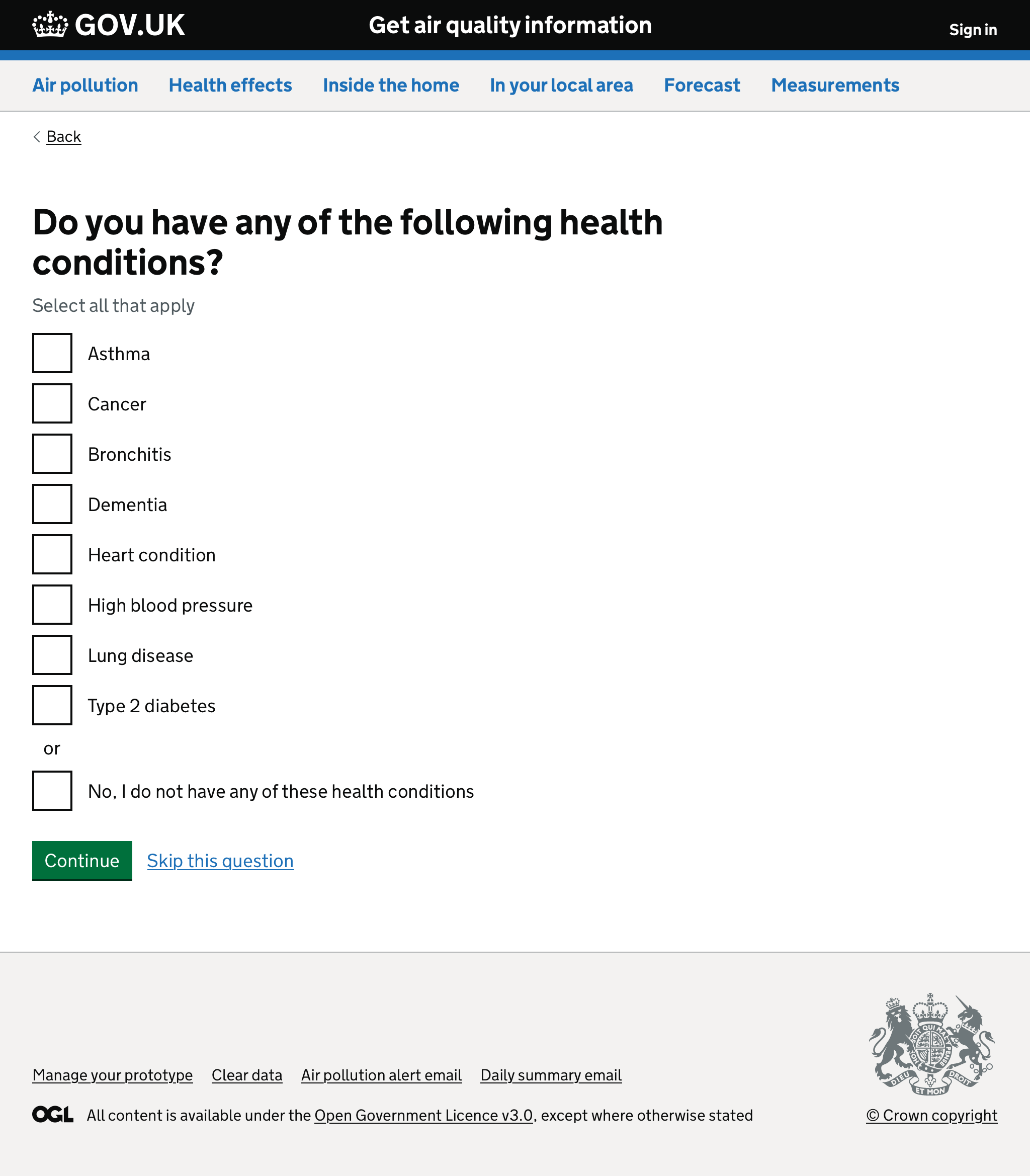 Screenshot of form asking if the user has any health conditions