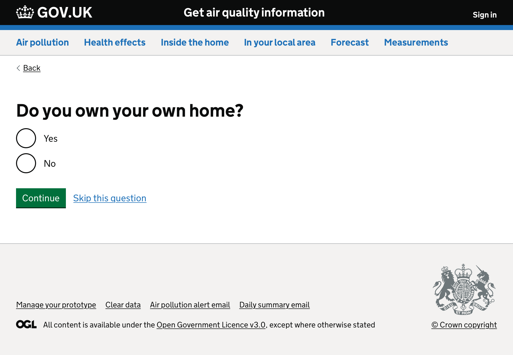 Screenshot of form asking user if they own their own home