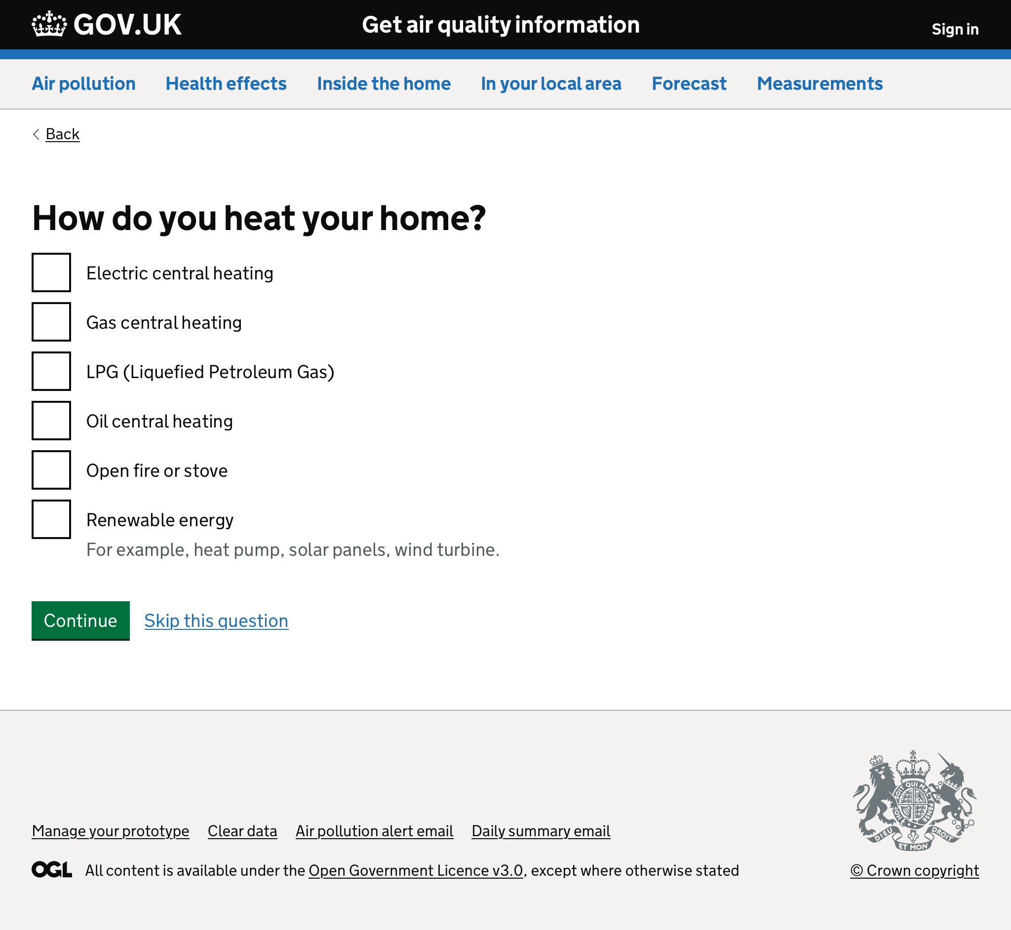 Screenshot of form asking how the user heats their home