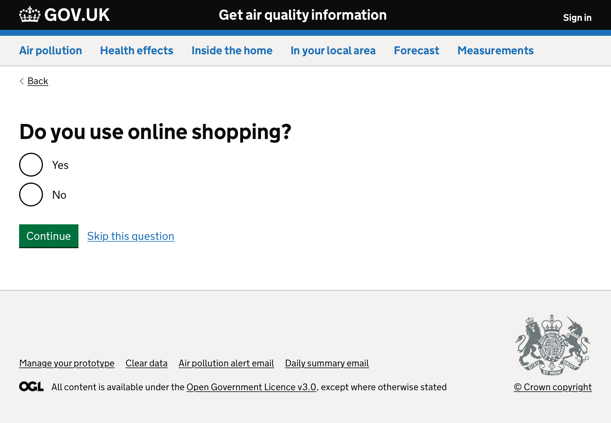 Screenshot of form asking if the user uses online shopping