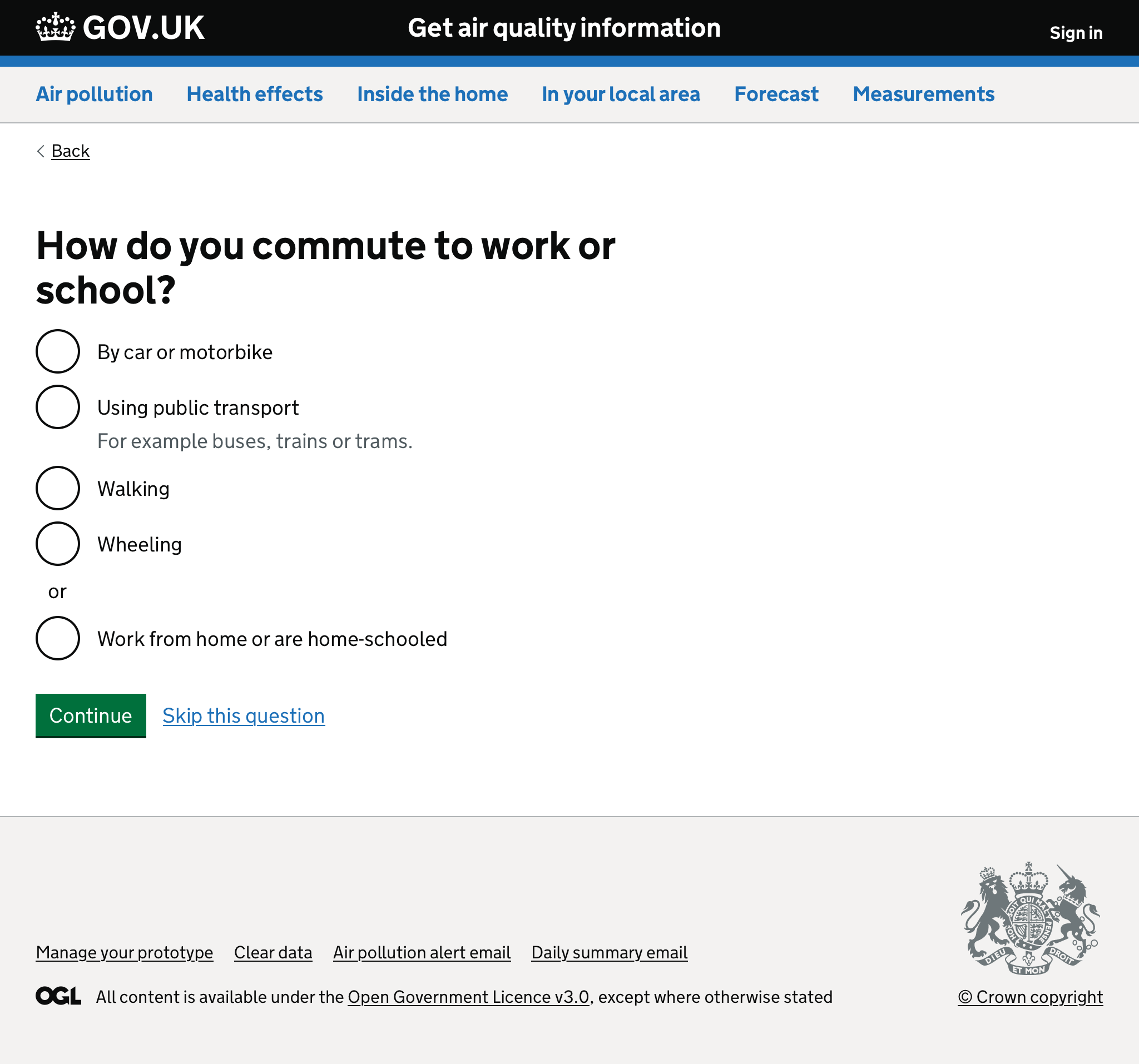 Screenshot of form asking how the user commutes to work or school