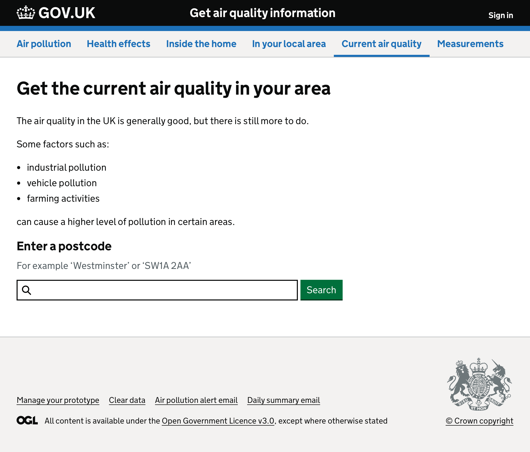 Form with heading ‘Get the current air quality in your area’ and asking the user for their location.