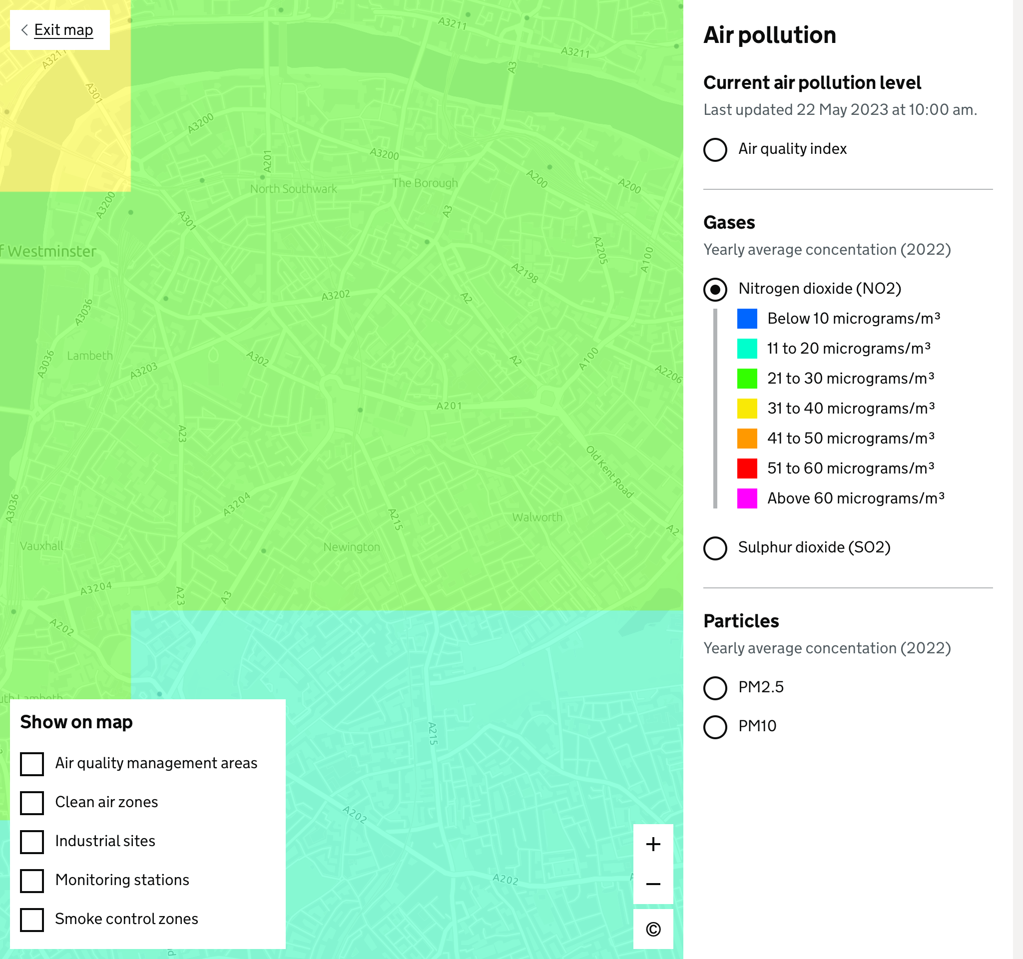 Map showing low-resolution air pollution from NO2, highlighting large areas with blue, green and yellow.