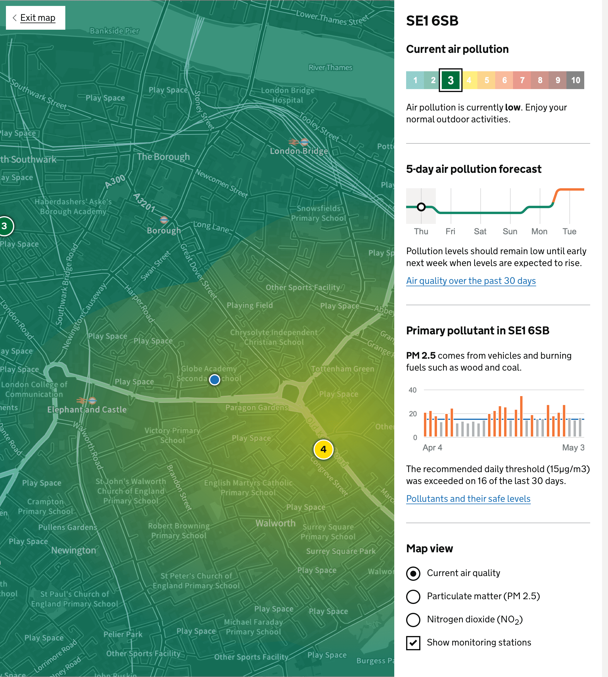 Map showing areas in green (low) and moderate (yellow) air pollution.