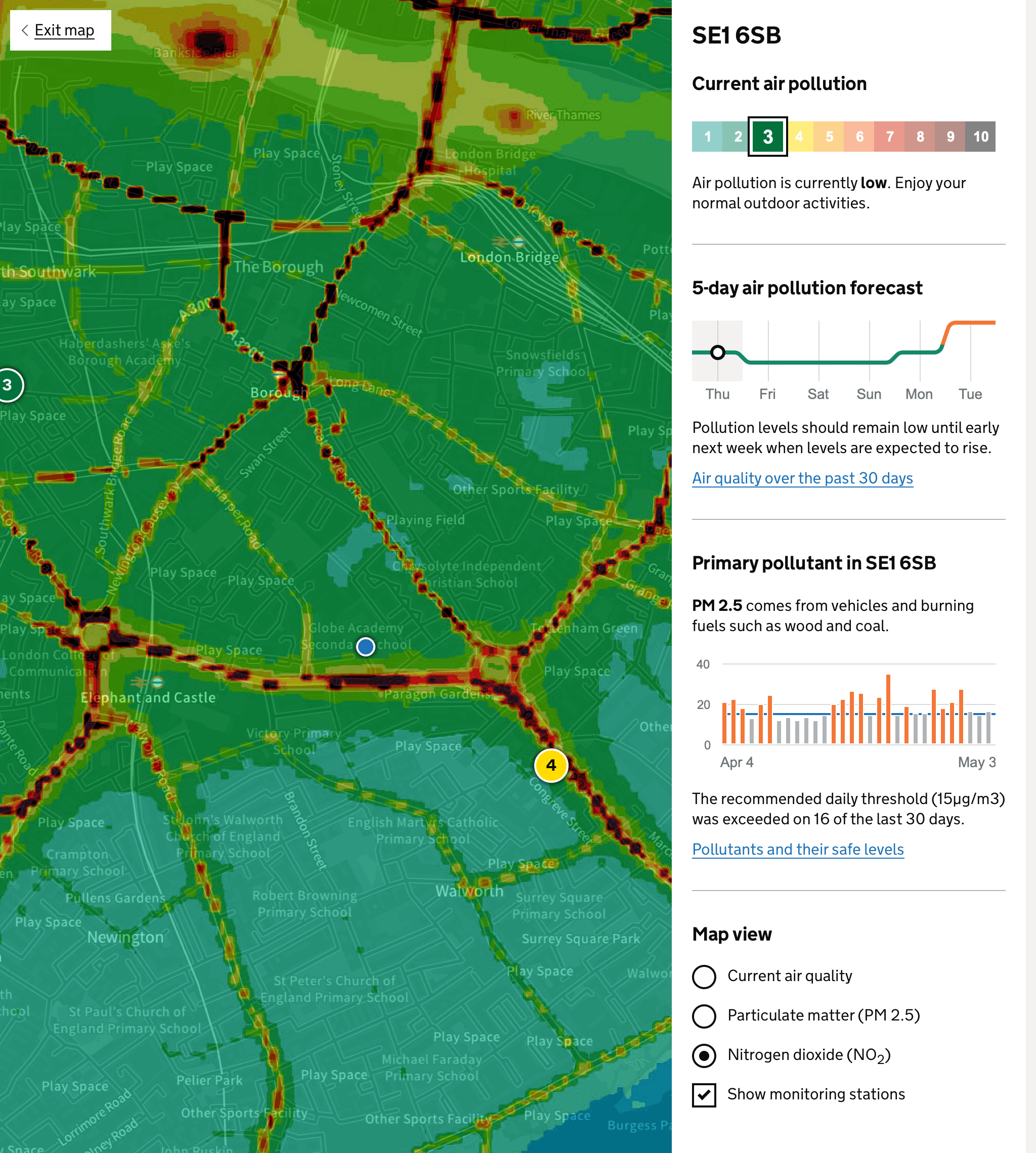 Map showing street-level air pollution from NO2 using green, yellow and red.