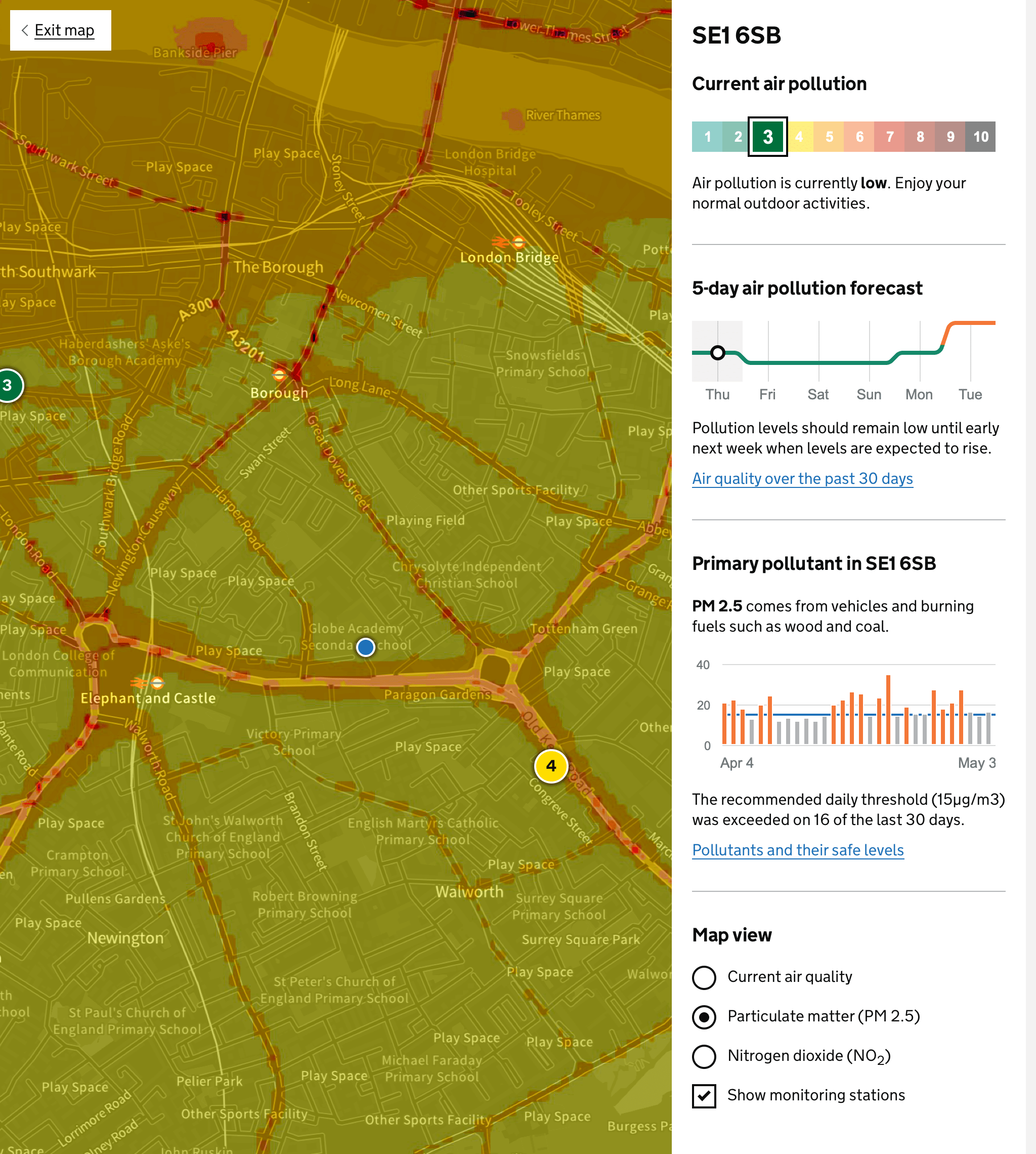 Map showing street-level air pollution from PM2.5 using shades of green and orange.