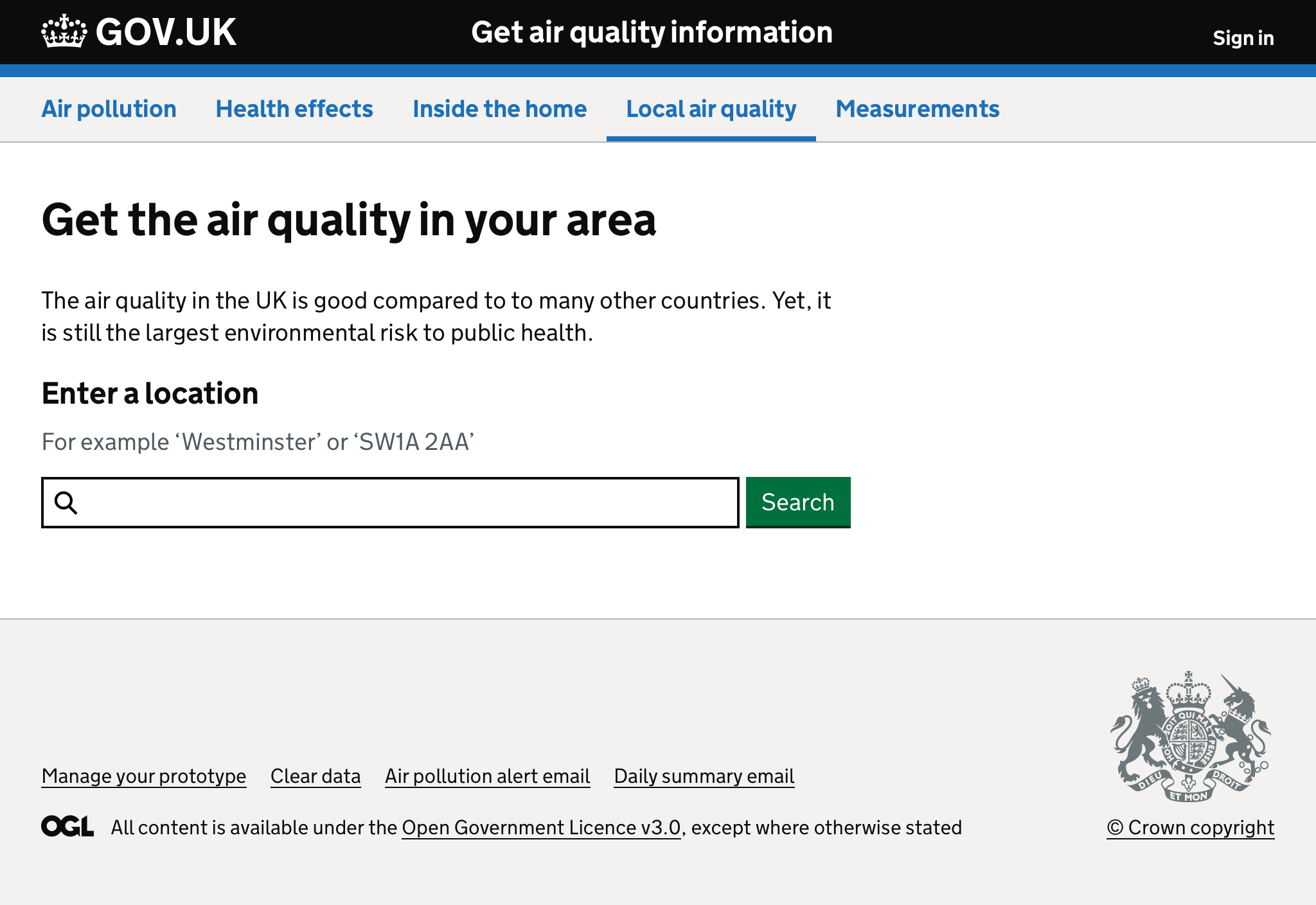 Form with heading ‘Get the air quality in your area’ and asking the user for their location.