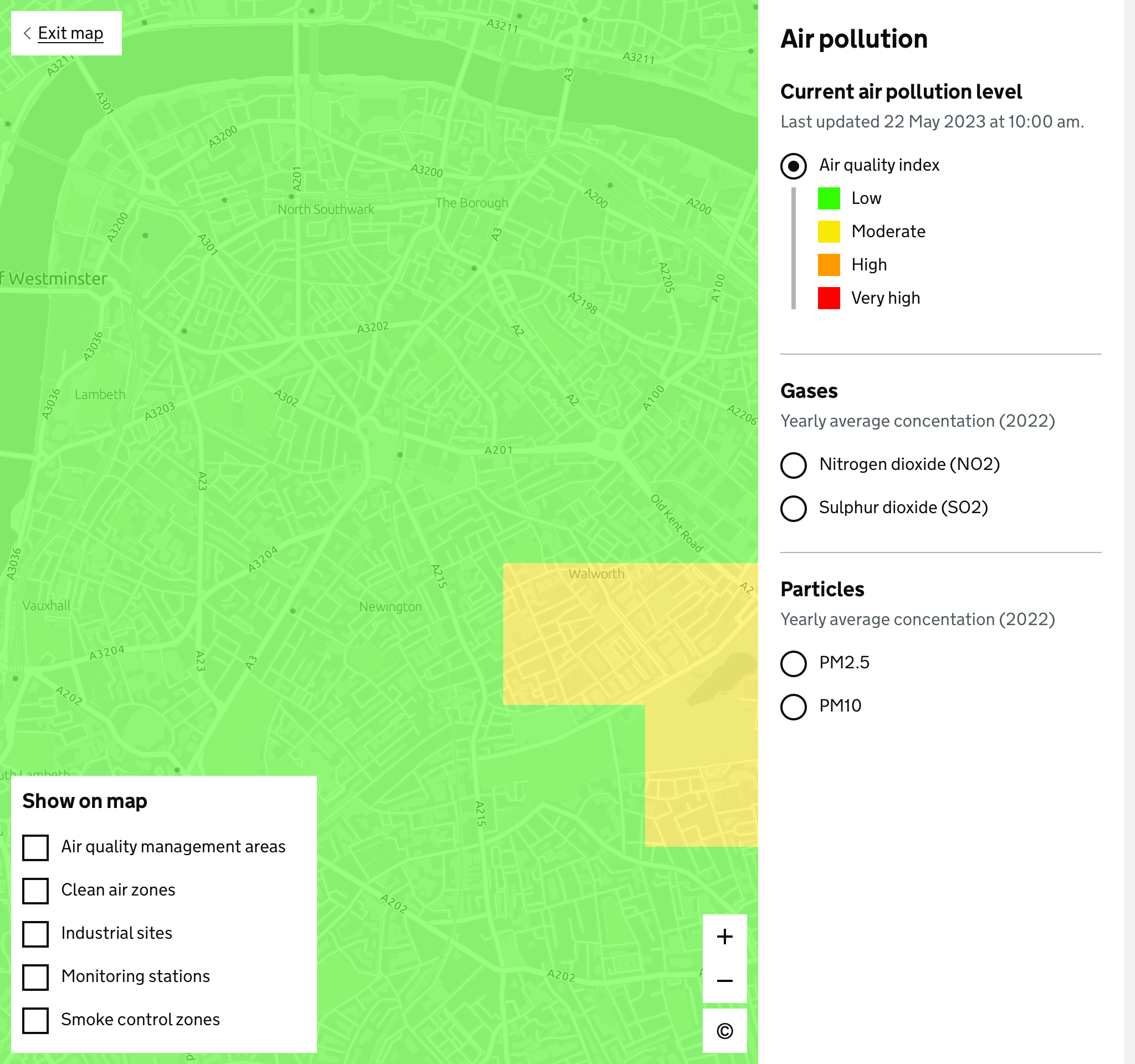 Map showing low-resolution air pollution, highlighting large areas with green and yellow.