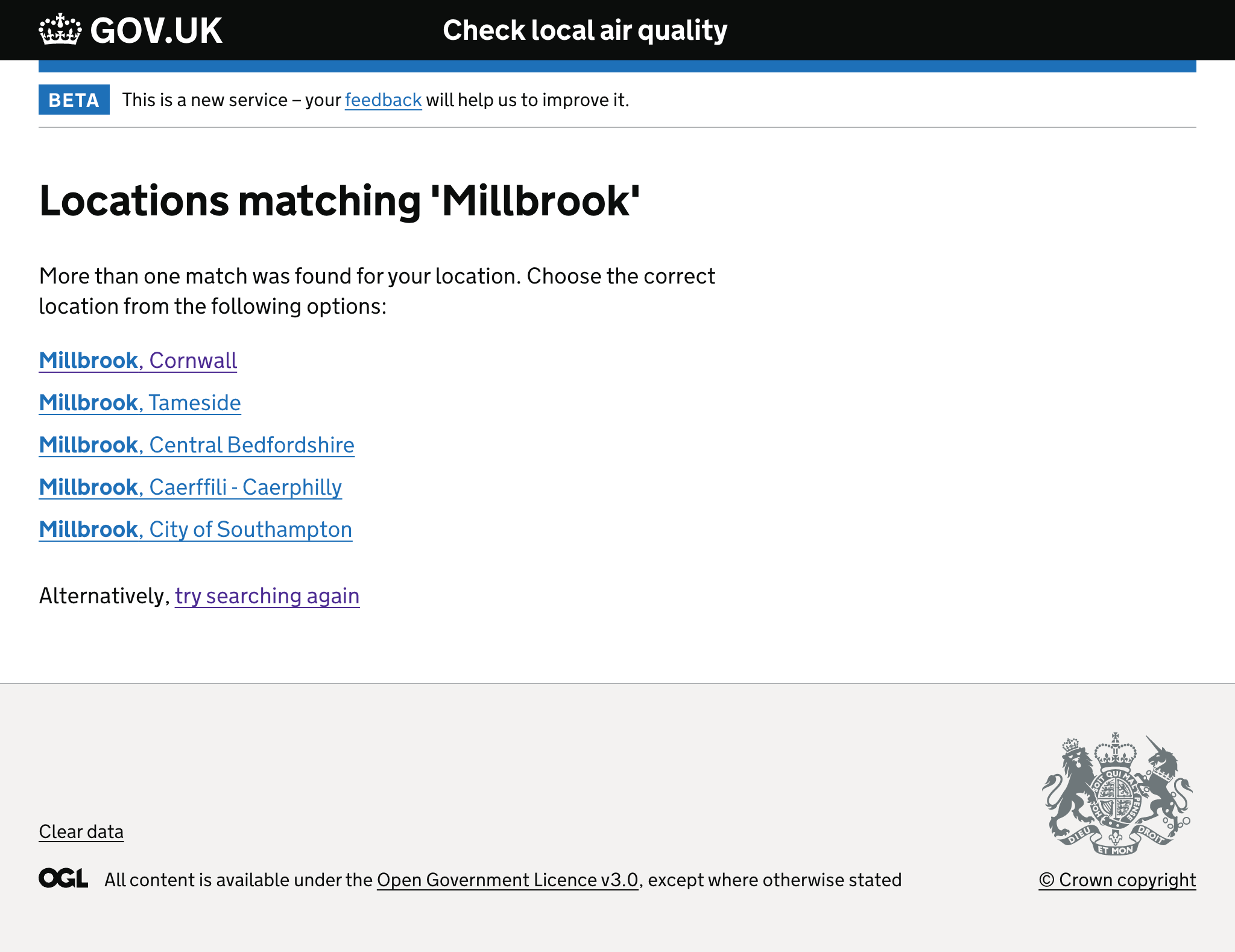 Page showing multiples results returned when a user searches by place name (disambiguation)