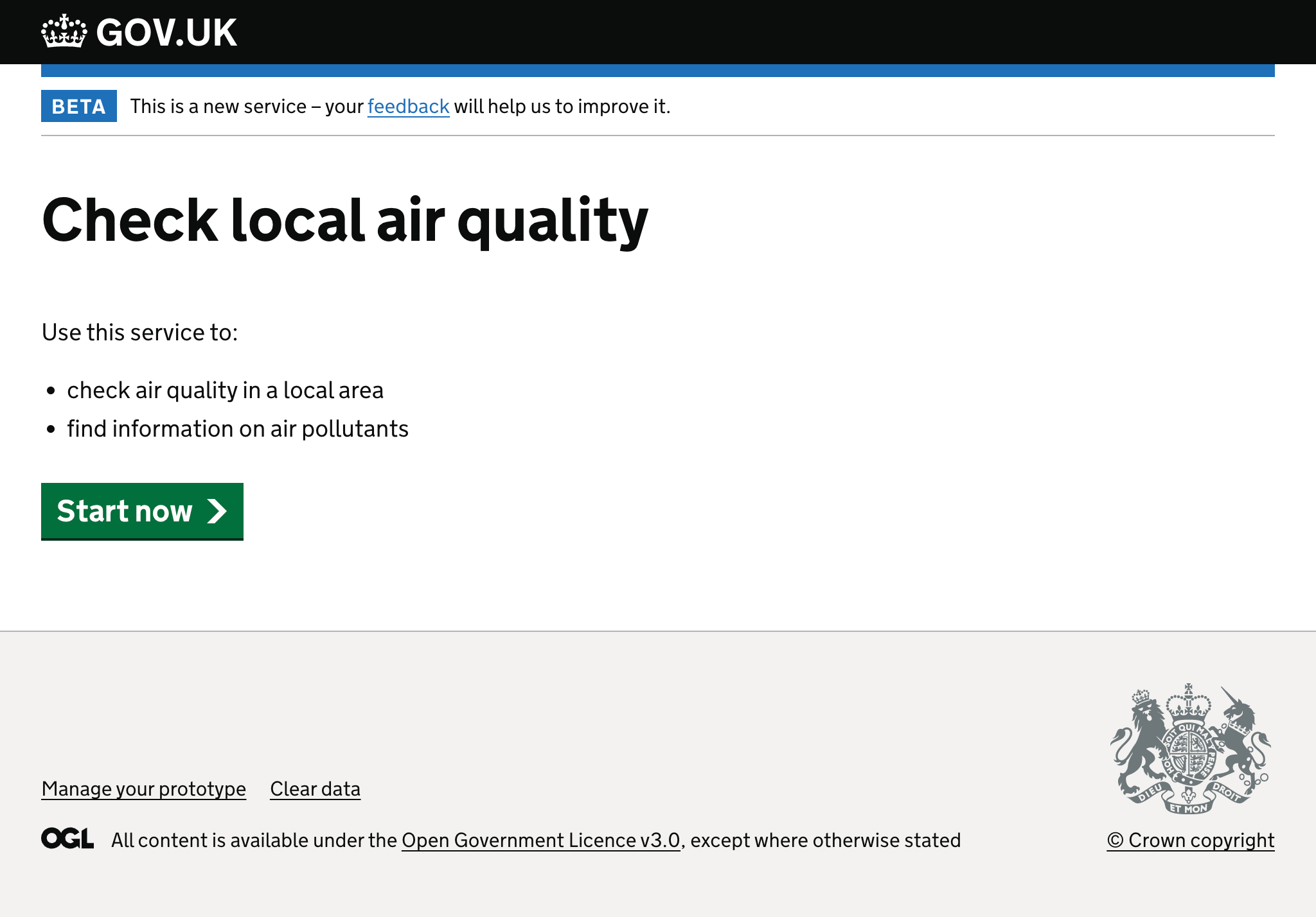 Start page on GOV.UK for ‘Check local air quality’