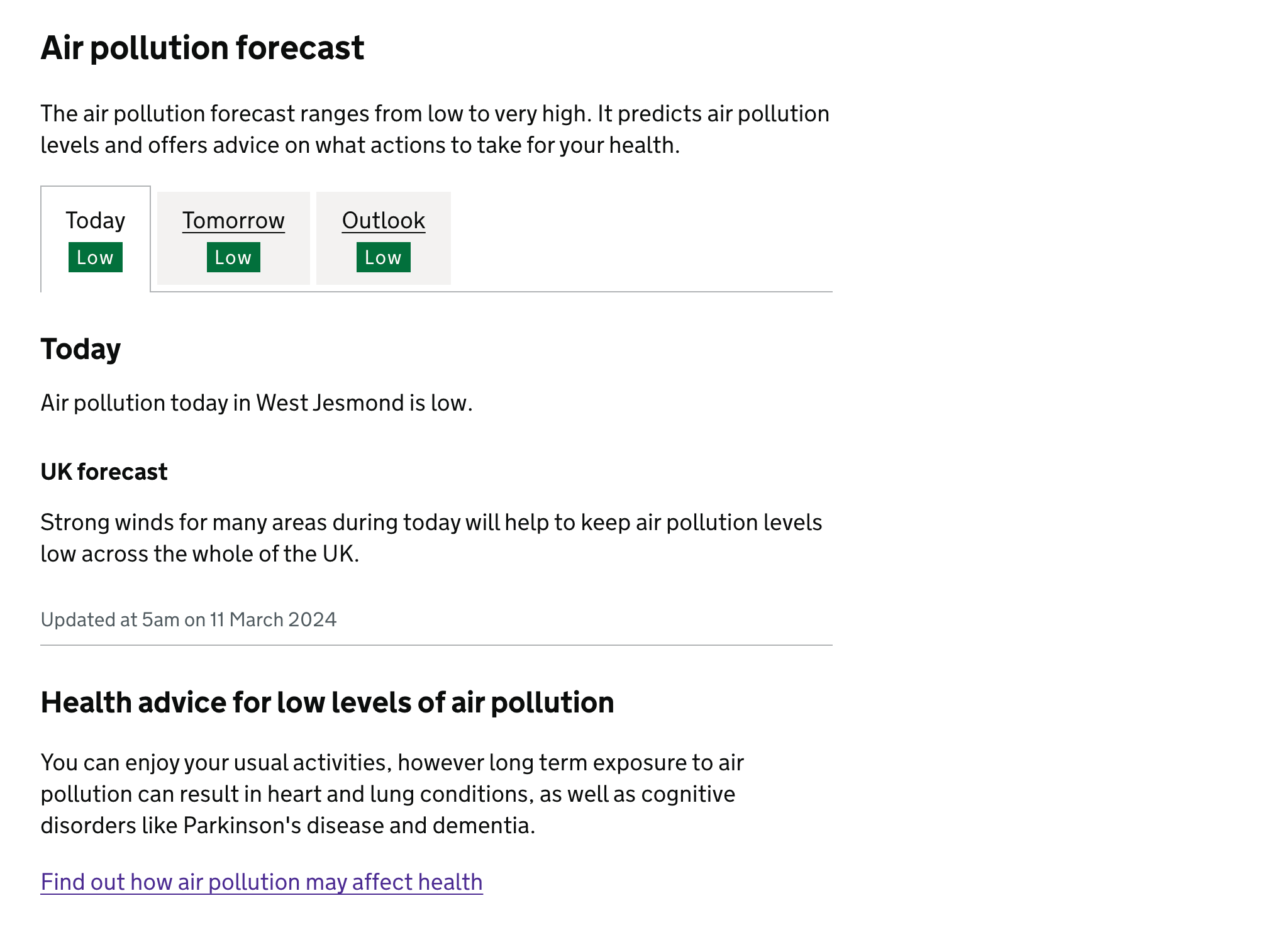 5 day forecast and low health advice